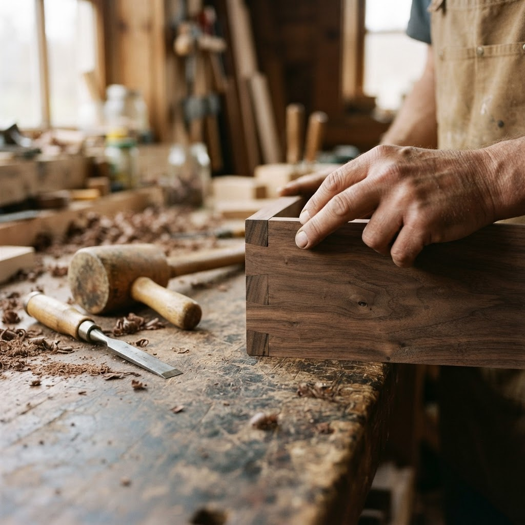 Hand-cut dovetail joint in walnut being assembled