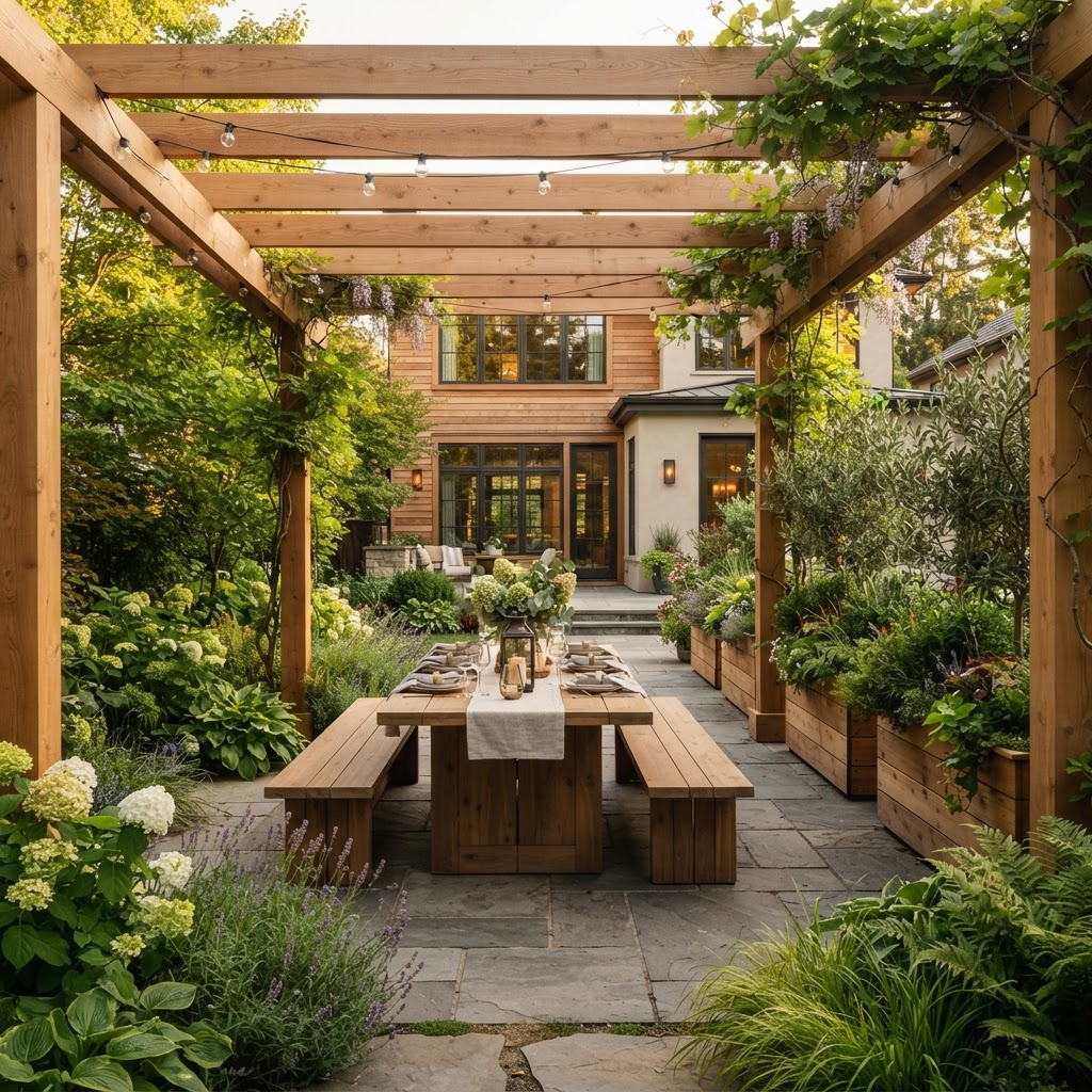 A residential backyard with a handcrafted wooden pergola, built-in dining table and benches, and cedar planters