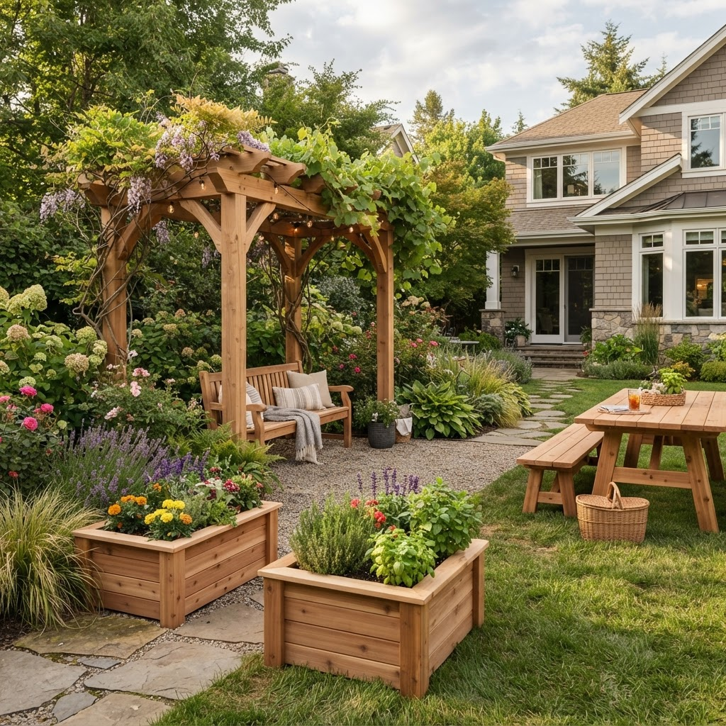 A landscaped backyard with a cedar garden bench under a pergola, raised planter boxes, and a wooden picnic table